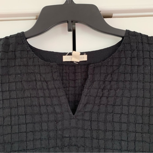 Eileen Fisher Black Tunic Blouse Organic Cotton 3/4 Sleeve Grid Cover Up Small - Picture 4 of 8